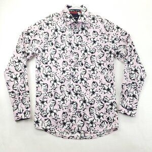 Silver Stone Shirt Mens Medium Pink White Floral Modern Fit Flip Cuffs Button-Up